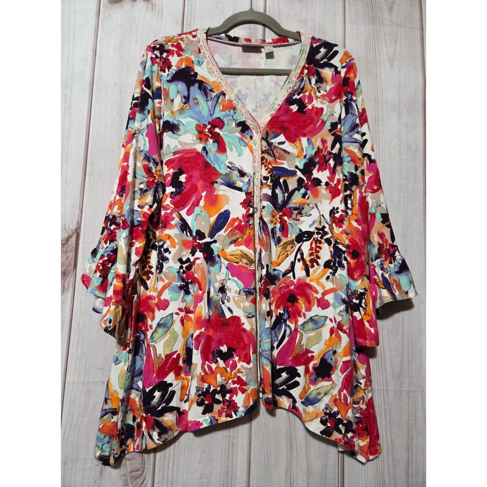 LOGO Lori Goldstein Floral Cardigan Ruffle Sleeve Pockets Multi Color Large